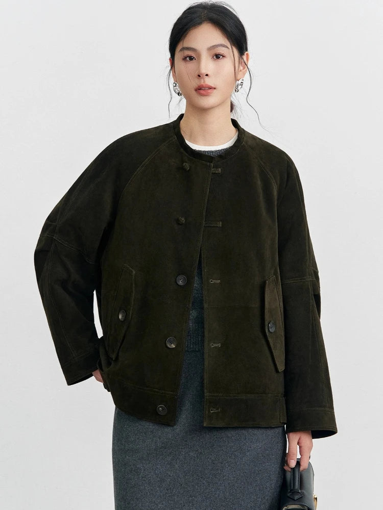 Olive suede cropped jacket for women with oversized flap pockets and button placket