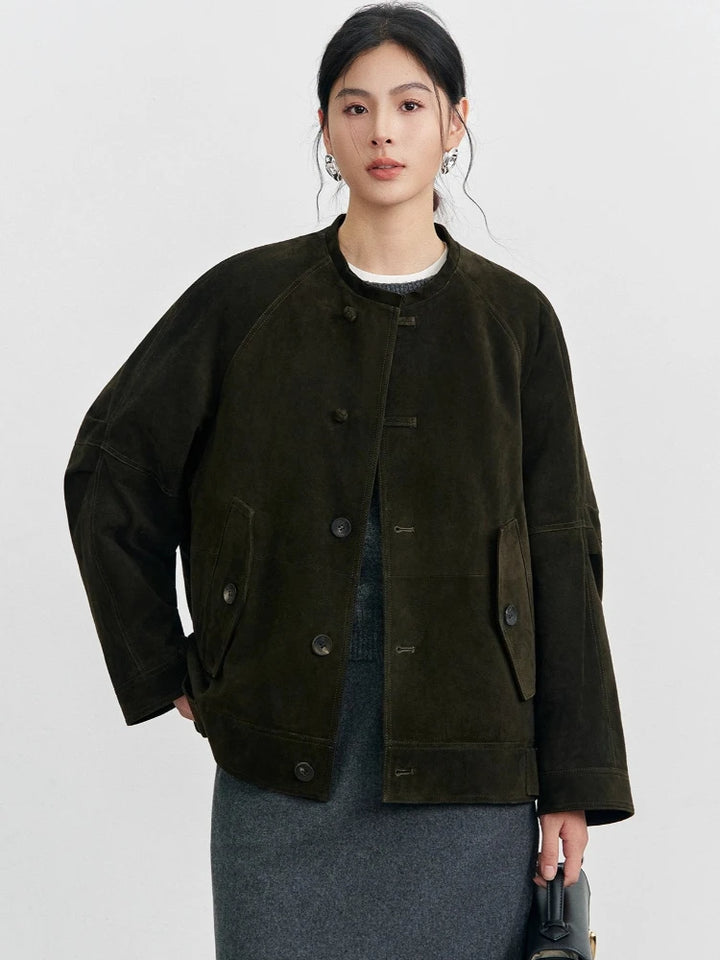 Olive suede cropped jacket for women with oversized flap pockets and button placket