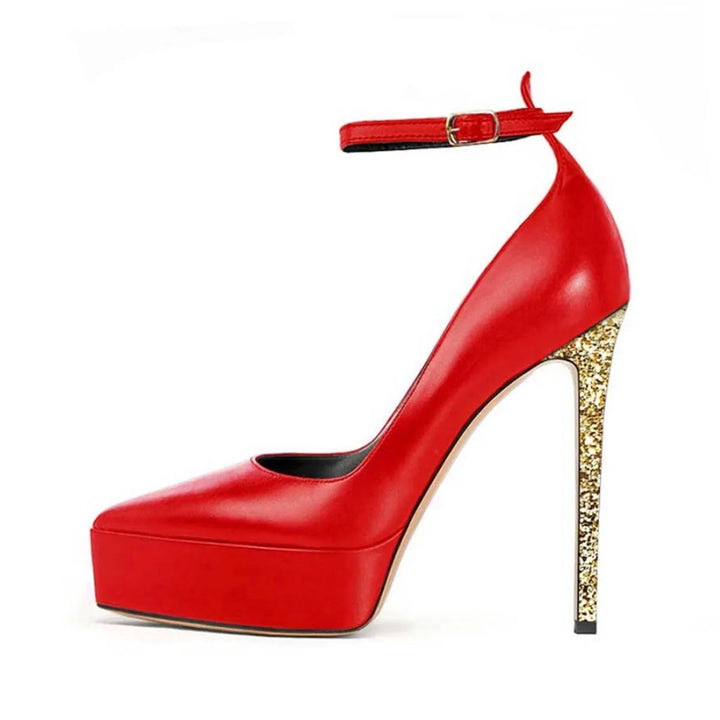 Red women’s pointed heel pumps with ankle strap, platform toe, gold glitter heel