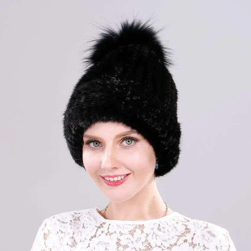 Luxury Fur Pompom Knitted Beanie Cap