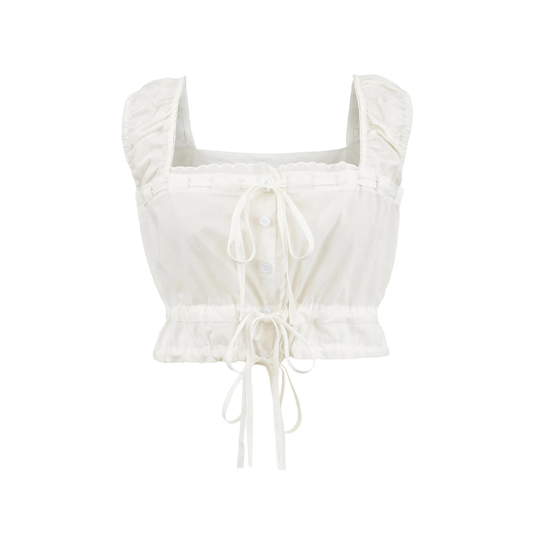 White cropped top and mini skirt set with front drawstring bow ties