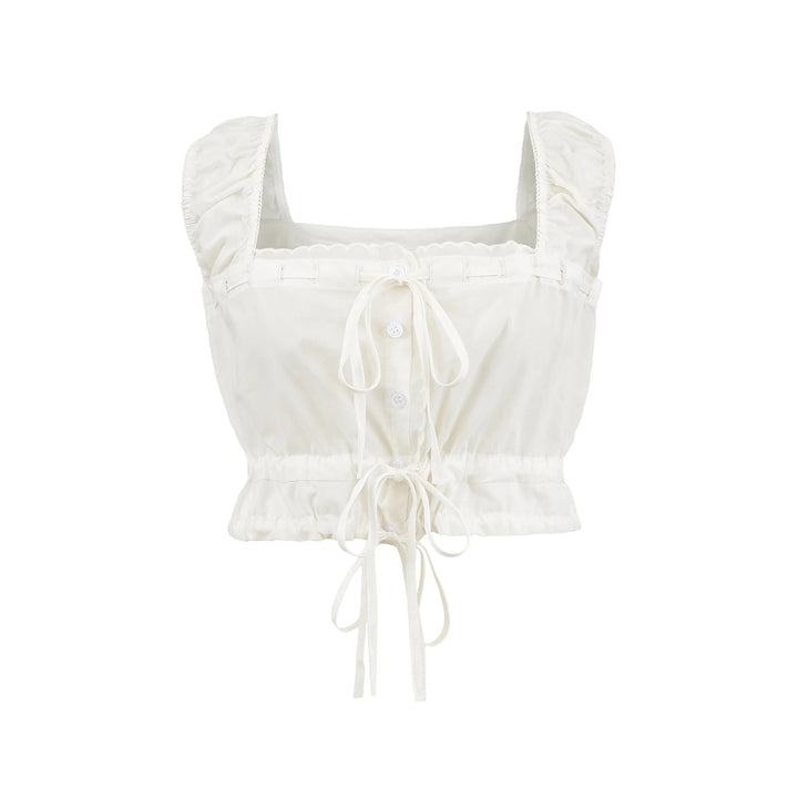 White cropped top and mini skirt set with front drawstring bow ties