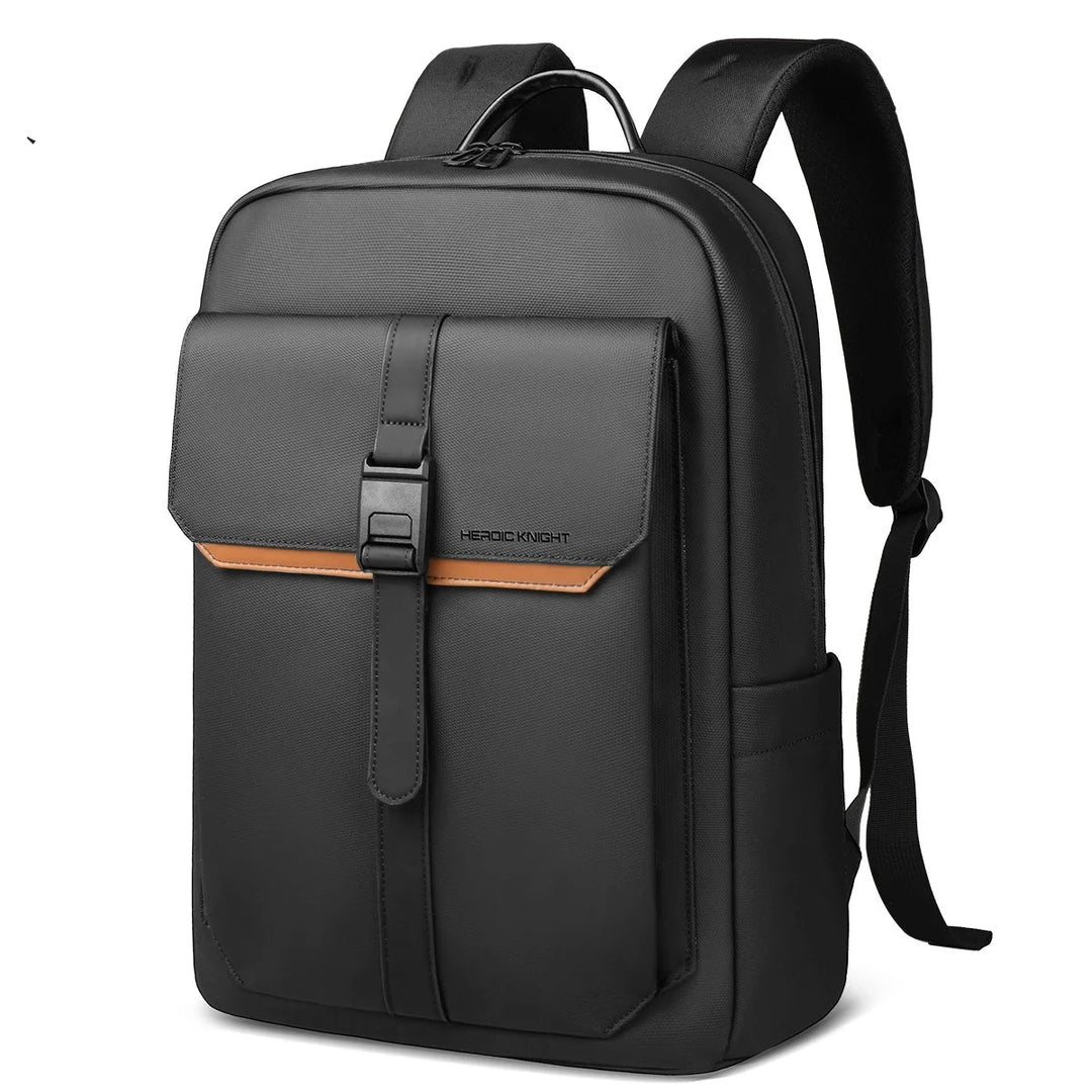 Black waterproof laptop backpack with front flap and magnetic buckle, side strap loops.