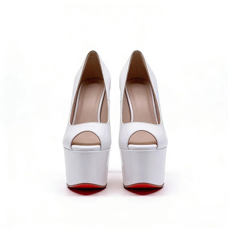 White high heel platform pumps with peep-toe cutout and red heel edges