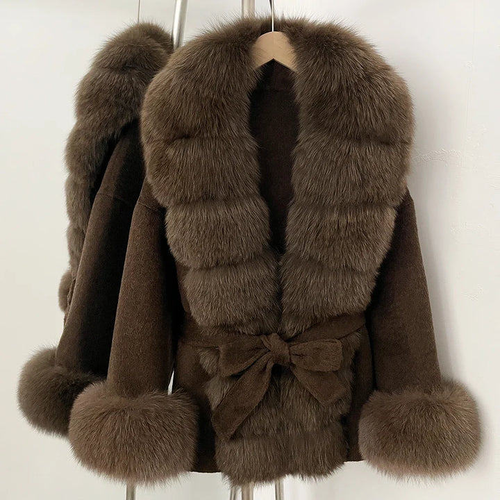 Double-sided cashmere-wool coat, dark brown with faux fur trim and belt at waist
