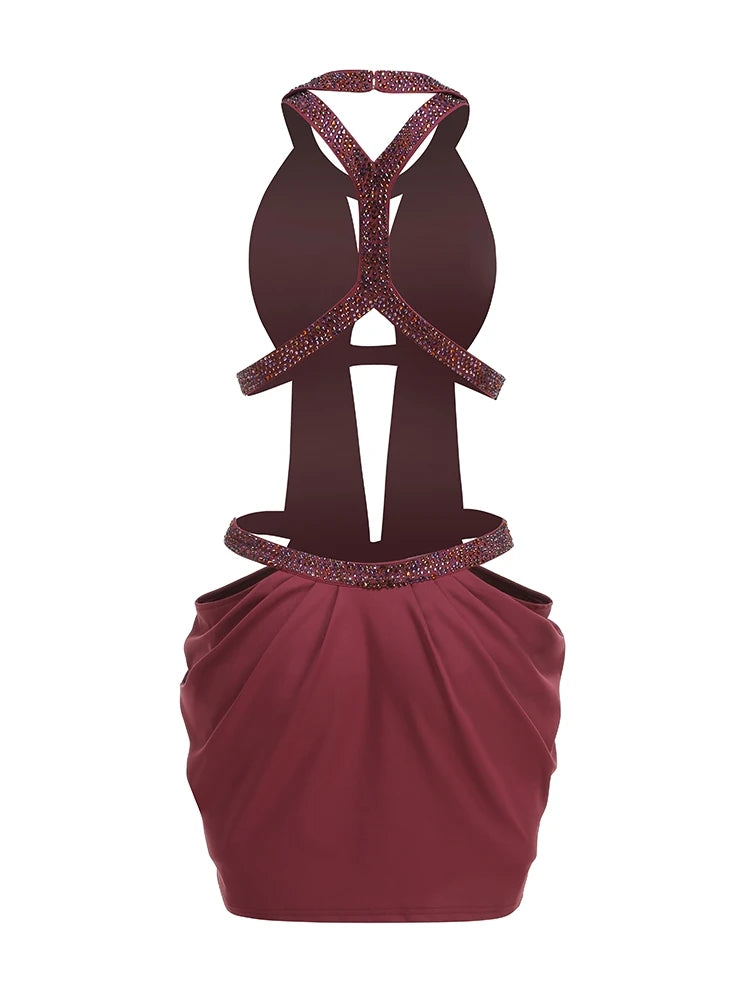 Burgundy ruched halter mini dress with crystal neckline and open-back crisscross straps