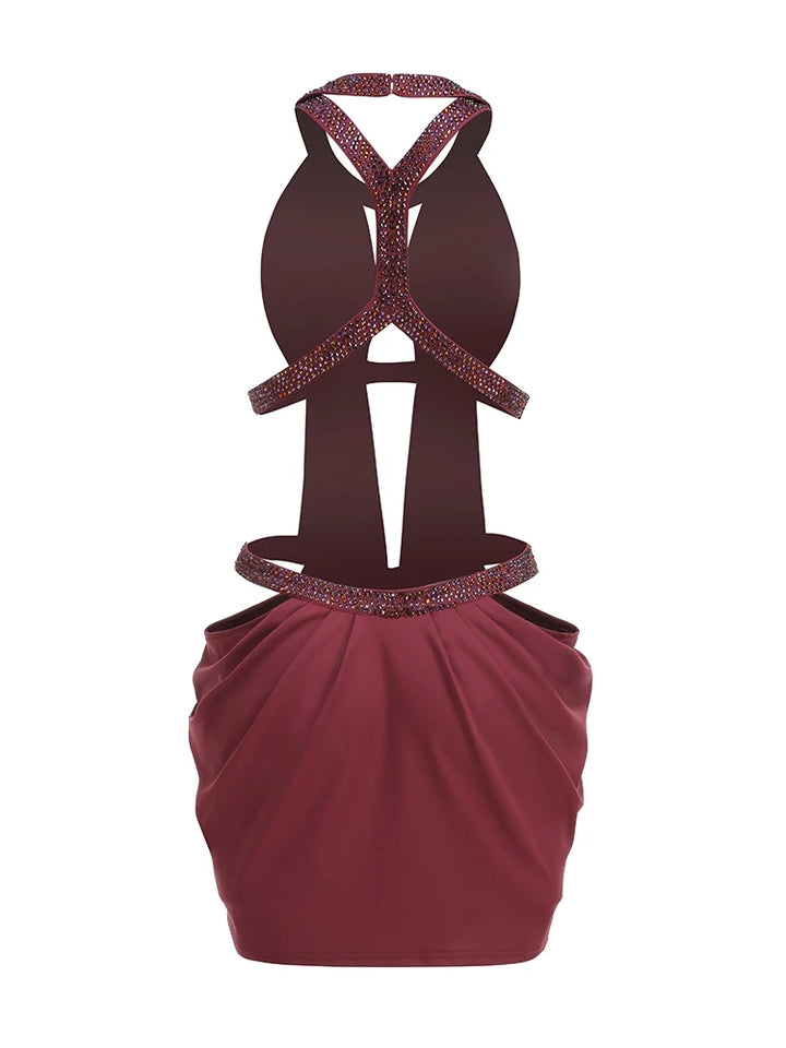 Burgundy ruched halter mini dress with crystal neckline and open-back crisscross straps