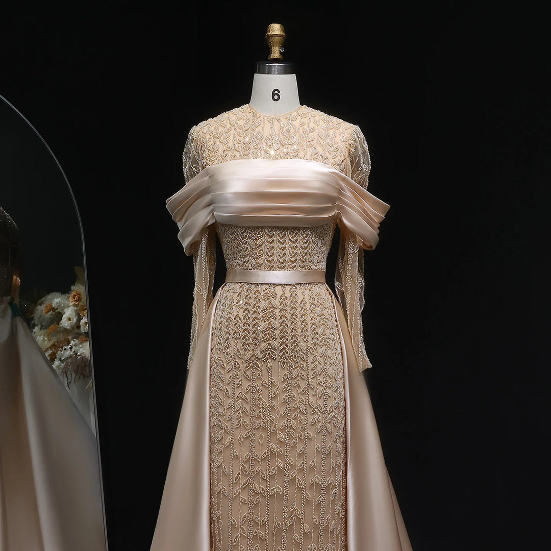 Regal Satin Train Pleated Evening Gown