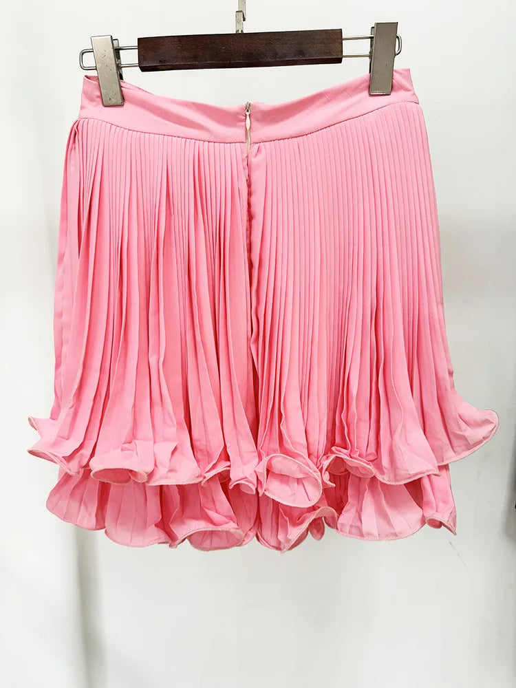 Double-Layer Ruffle Pleated Mini Skirt