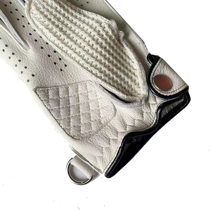 White leather palm motorcycle glove with perforations, stitched texture, metal ring cuff