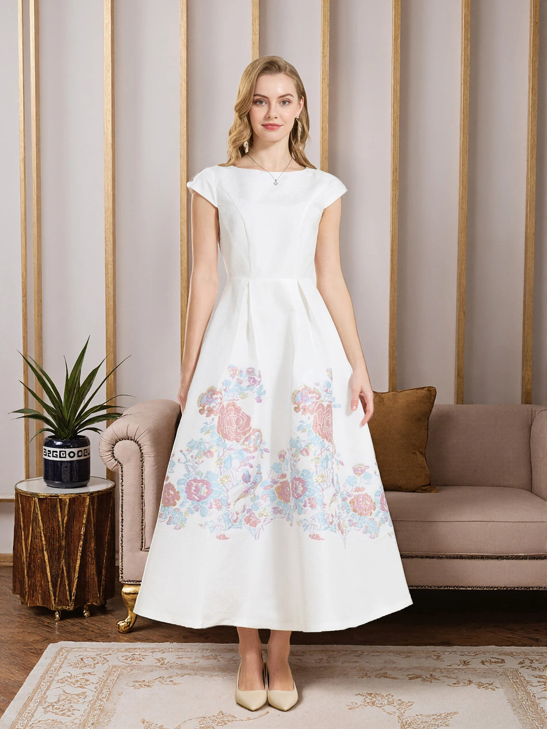White cap-sleeve A-line prom dress with round neck and pastel floral jacquard panel