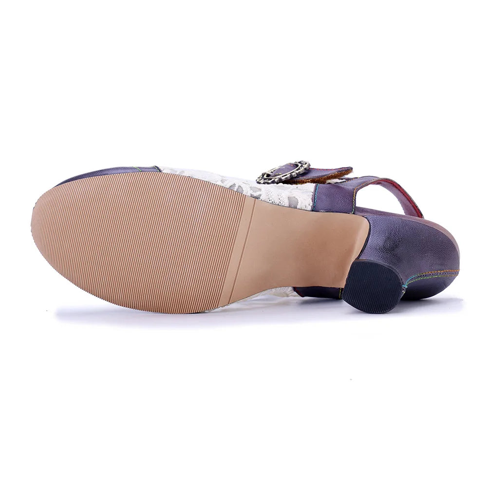 Women’s T-strap heel sandals, outsole view, stacked heel and white snake print upper