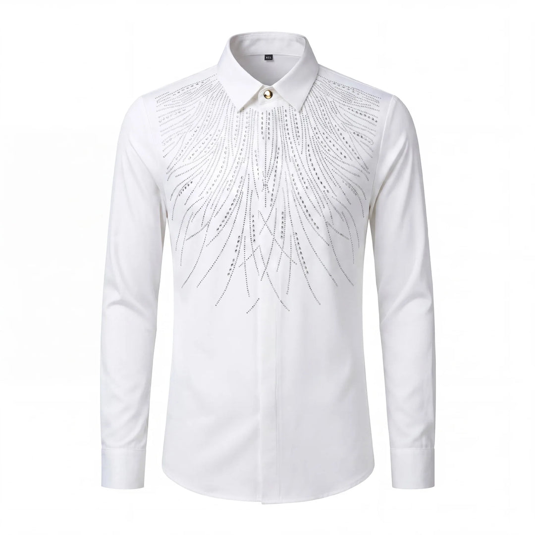 White rhinestone dress shirt with feather-like sparkly pattern on chest and placket