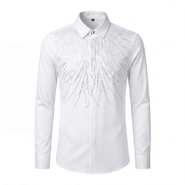 White rhinestone dress shirt with feather-like sparkly pattern on chest and placket