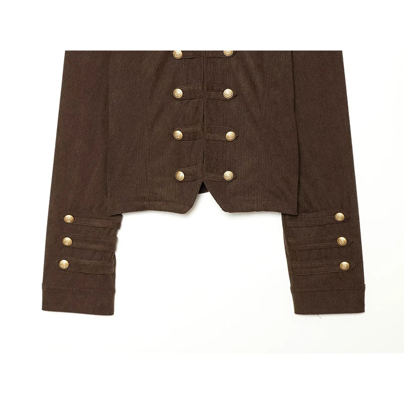 Brown cropped jacket with double-breasted button detail and long sleeves