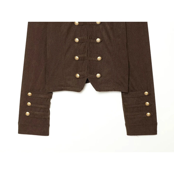 Brown cropped jacket with double-breasted button detail and long sleeves