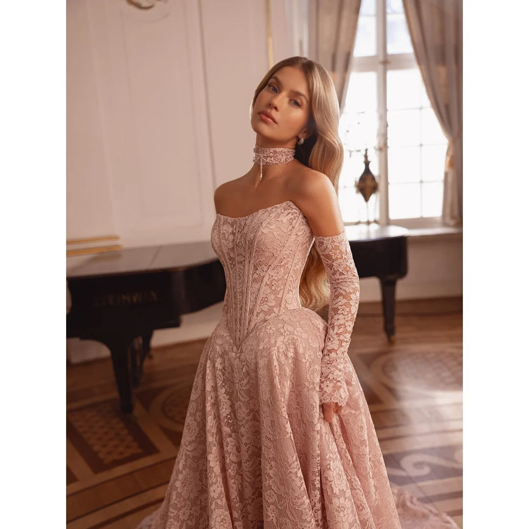 Light pink embroidered lace off-shoulder prom gown with long lace sleeves