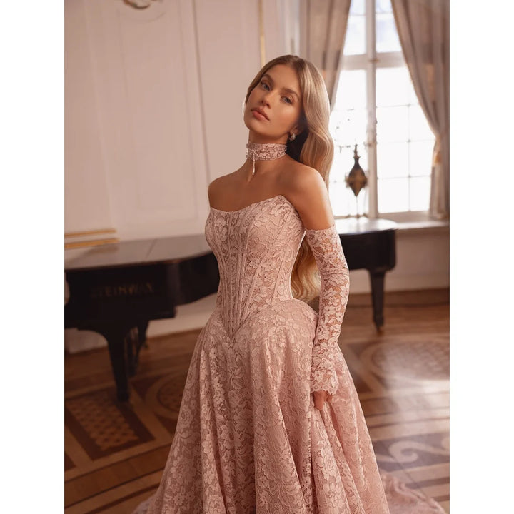 Light pink embroidered lace off-shoulder prom gown with long lace sleeves