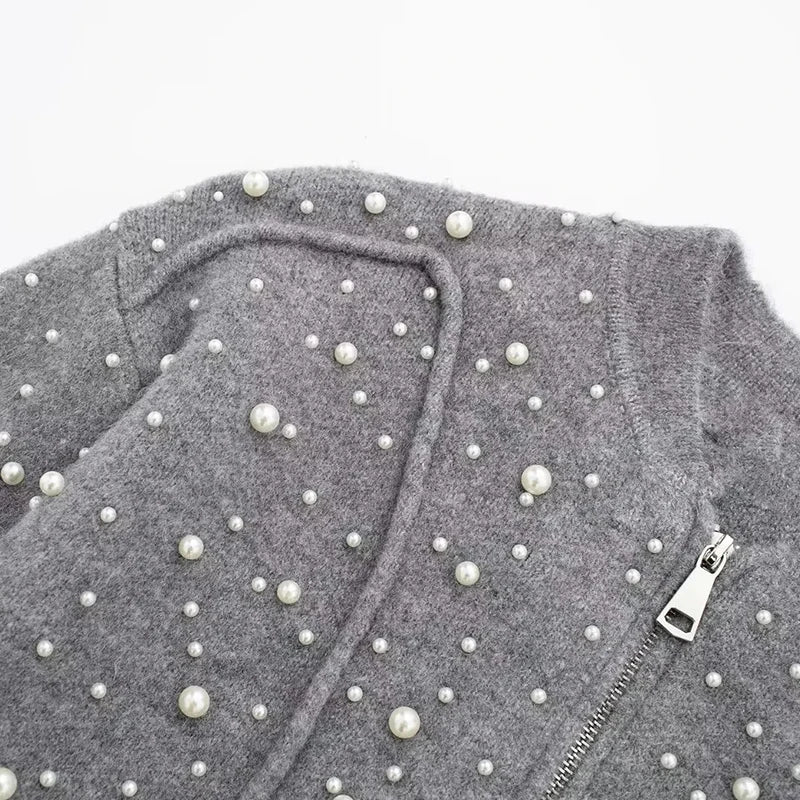 Sleek Pearl-Knit Cardigan Sweater
