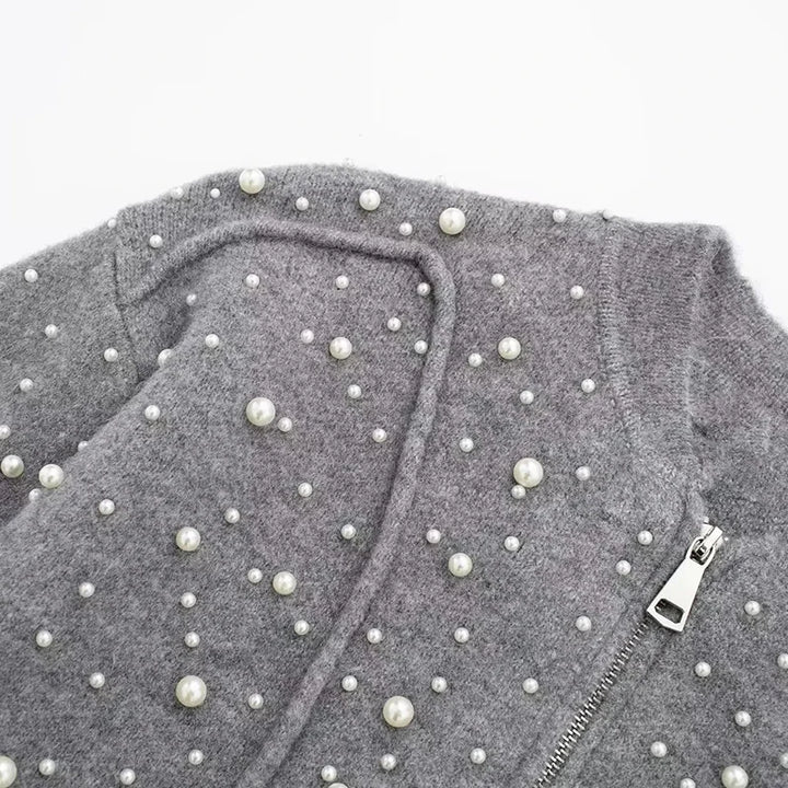 Sleek Pearl-Knit Cardigan Sweater