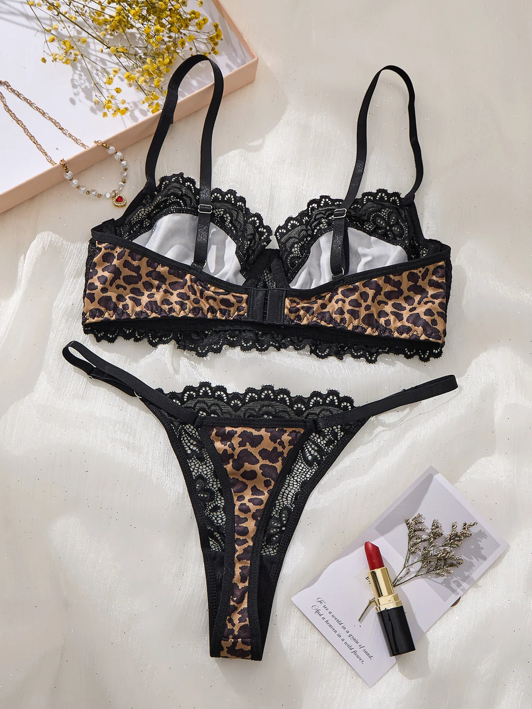 Elegant See-through Leopard Print Bra Set