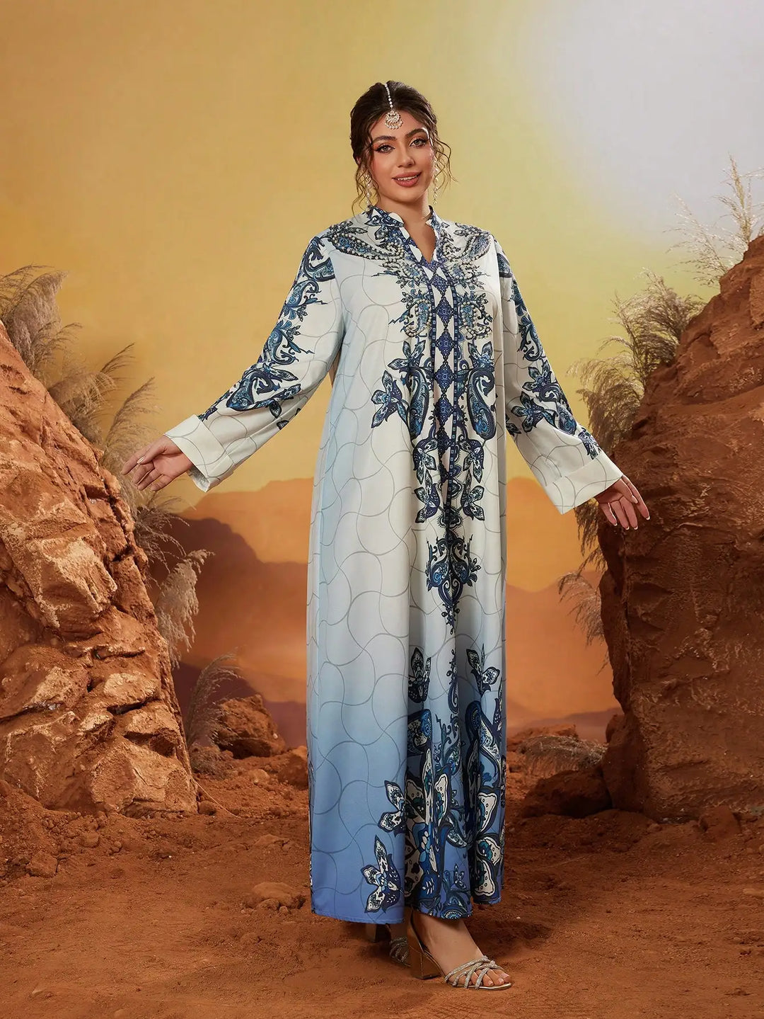 Decorative Stand-up Collar Abaya Dress