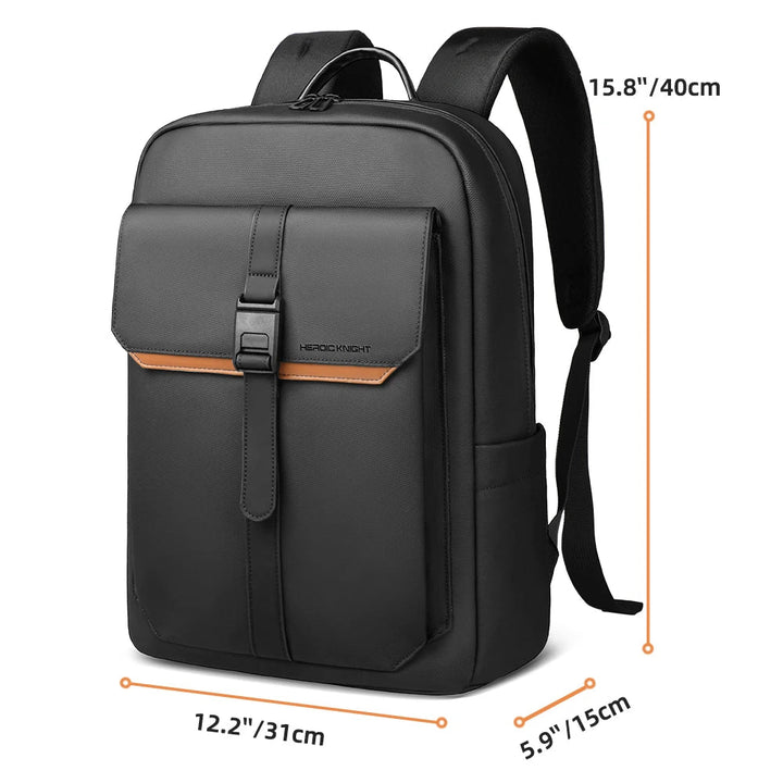 Black waterproof laptop backpack with front flap, orange-trim clasp, and side carrying strap