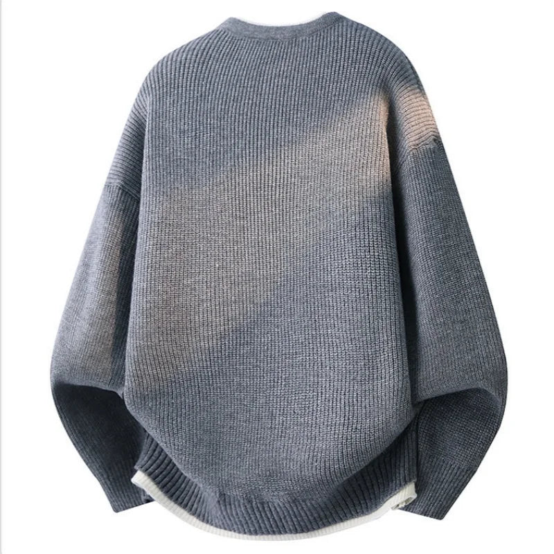 Men's knitted pullover sweater in blue-gray, crew back, ribbed cuffs and hem
