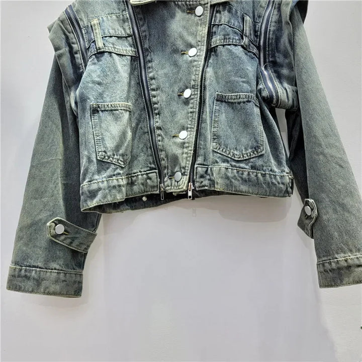 Trendy Multi-zipper Short Denim Jacket