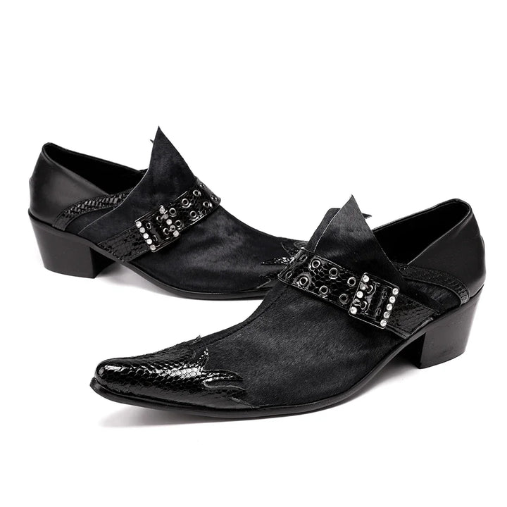 Black leather formal loafers with silver buckle studs and patent-look toe panel