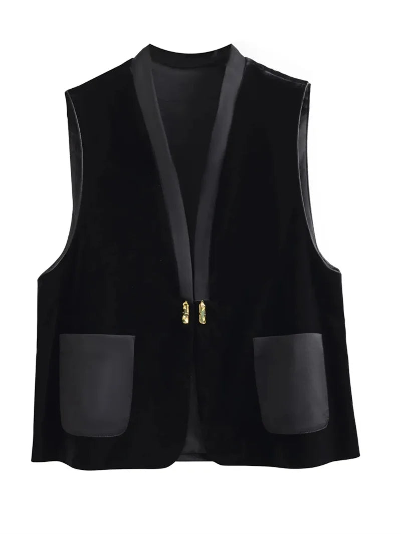 Black women’s vest jacket with V-neck lapel and two front pockets, gold clasp closure