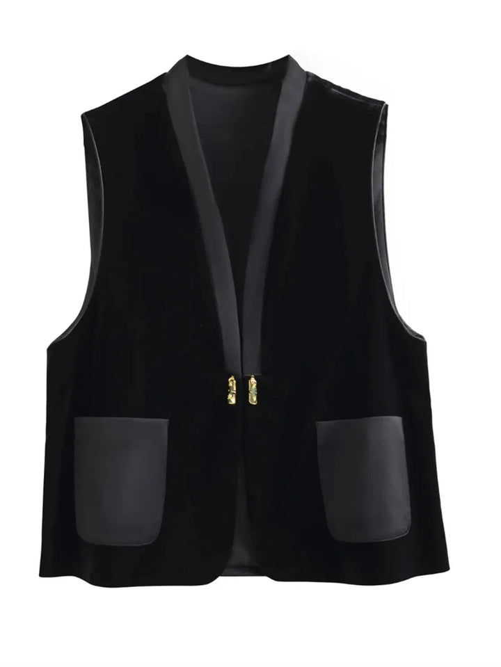 Black women’s vest jacket with V-neck lapel and two front pockets, gold clasp closure