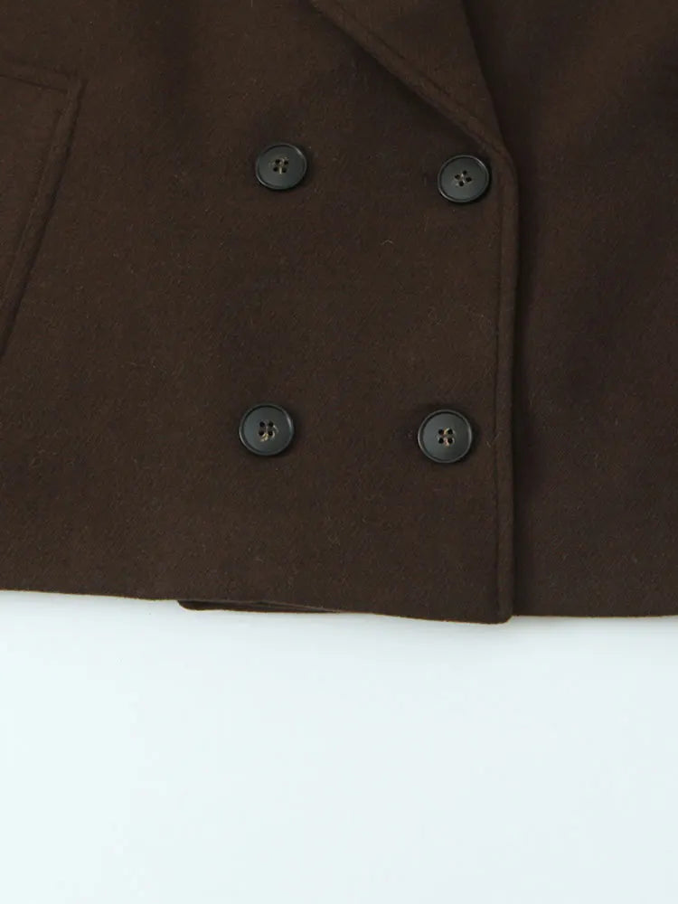 Dark brown overcoat front with four button closure and lapel panel