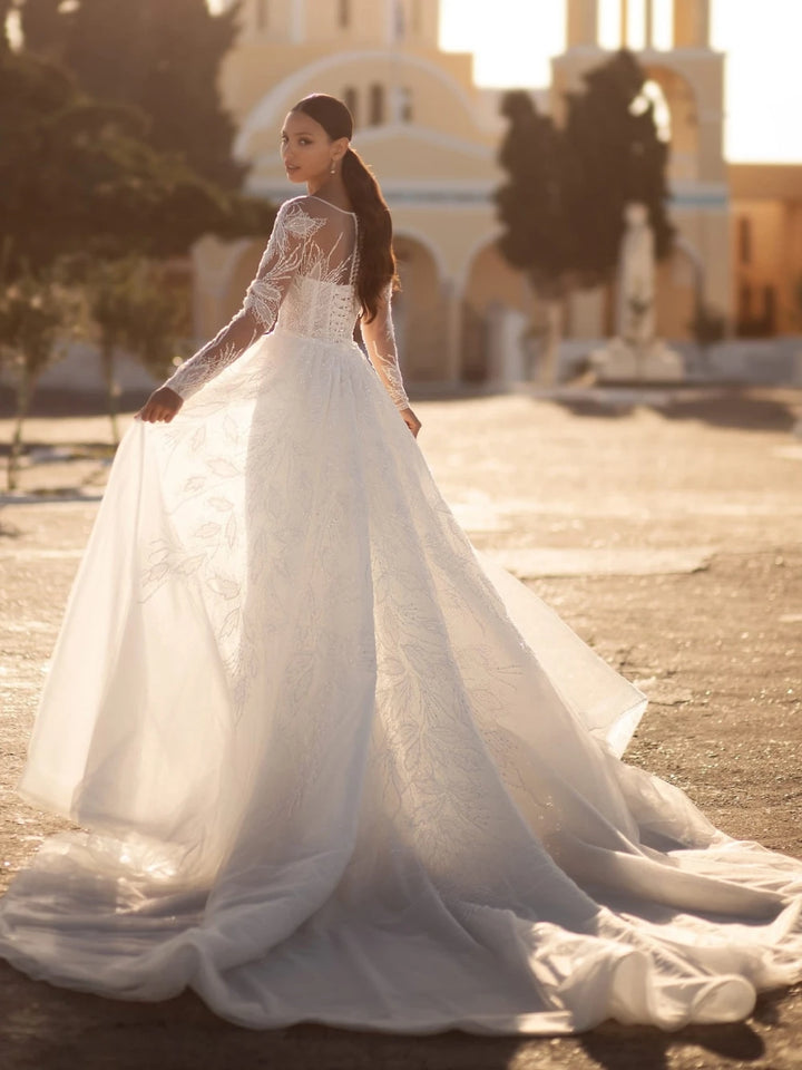 Modest Sparkling Wedding Dress With Detachable Tail