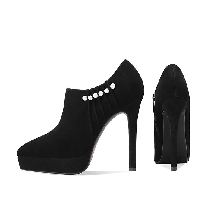 Black suede ankle heel pumps, front and back views with pearl-look trim