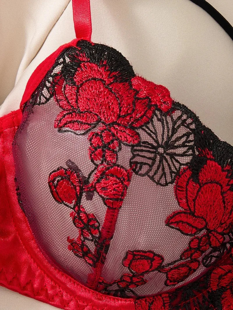 Romantic Floral Embroidered Lingerie Set