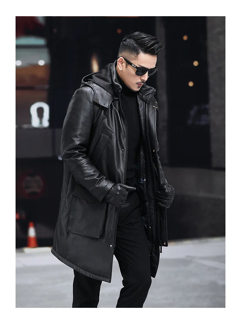 Stylish Mid-Length Leather Hooded Coat