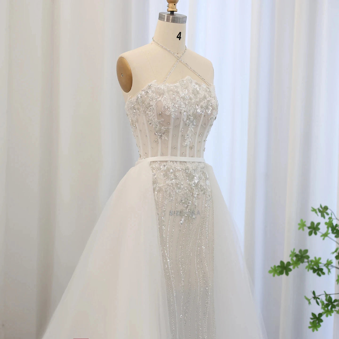 Halter Mermaid Wedding Dress With Detachable Overskirt