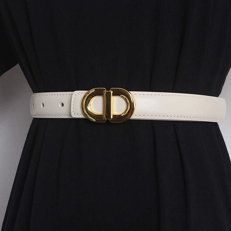 White narrow leather waist belt with gold-tone double D buckle and perforated holes