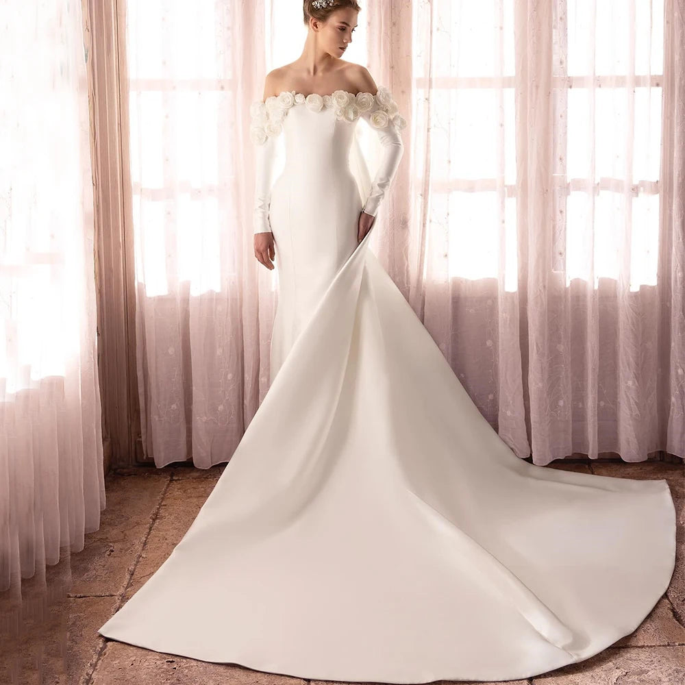 Charming 3D Flower Long Sleeve Bridal Dress