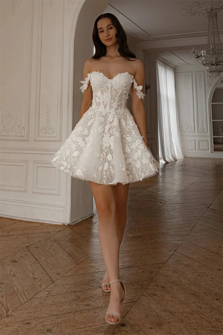 Refined 3D Floral Lace Mini Wedding Dress