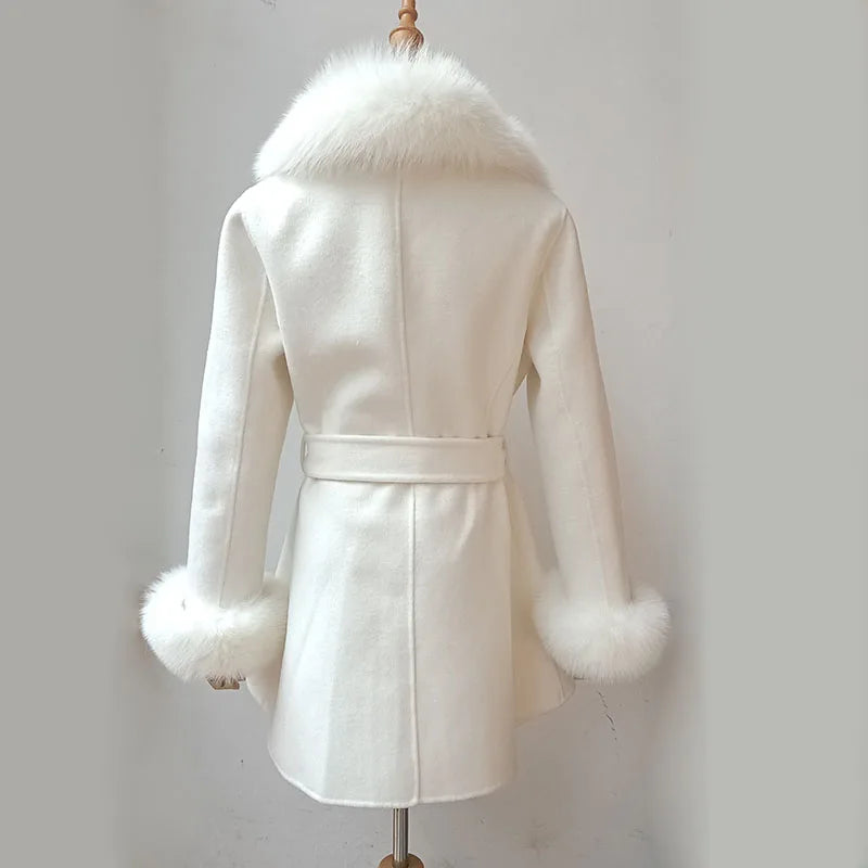 Elegant Fur Collar Slim Cashmere Coat