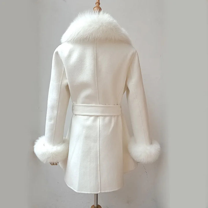 Elegant Fur Collar Slim Cashmere Coat