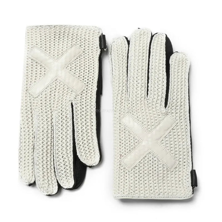 White knitted motorcycle gloves with quilted leather palm, black strap details, metal rings