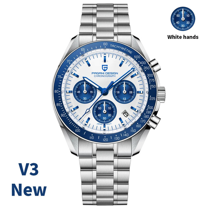Silver Pagani Design watch with blue face and white hands on a white background