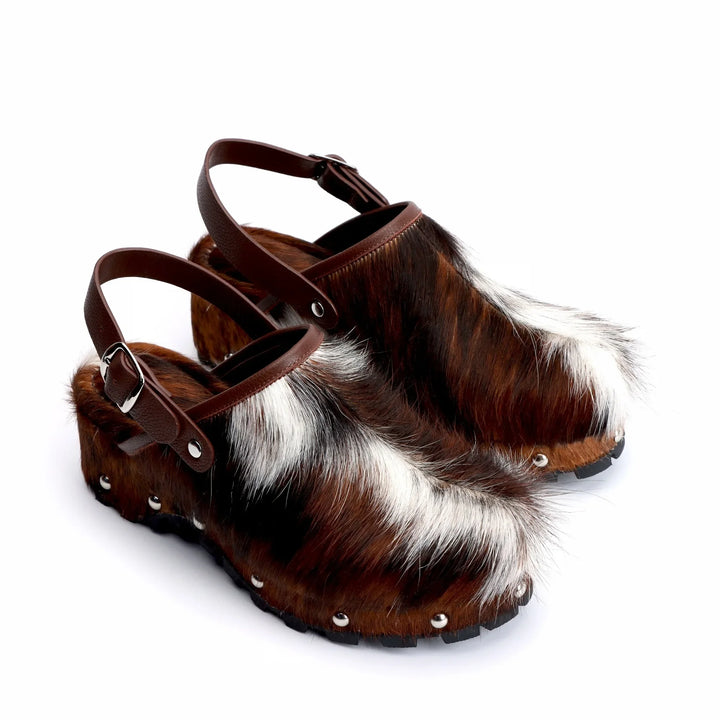 Adjustable Natural Calf Hair Studded Mules