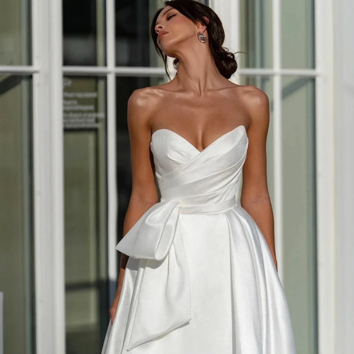 Pleat Side Slit Satin Wedding Gown