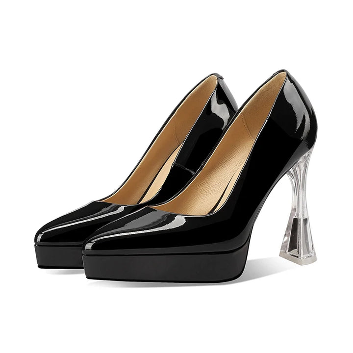 Black glossy leather slip-on pumps with clear block heel and platform sole