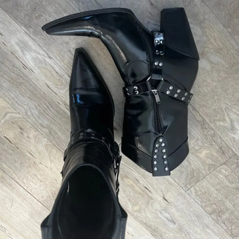 Zipper Belt Buckle Ankle Boots