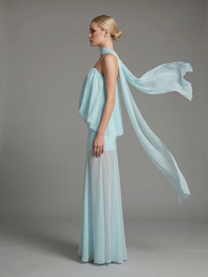 Light blue halter evening dress with draped chiffon ribbon back and long sheer skirt